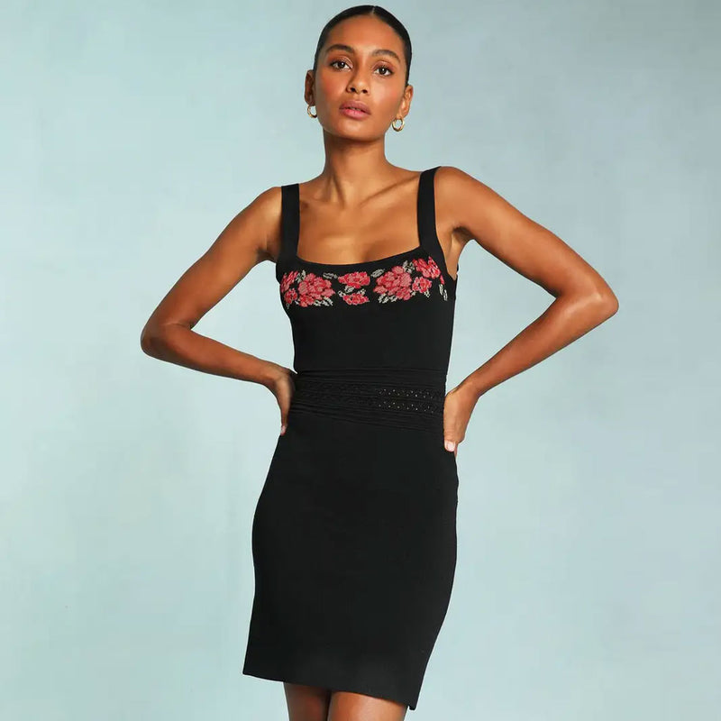 Vintage Square Neck Embroidered Knit Tank Mini Dress - Black