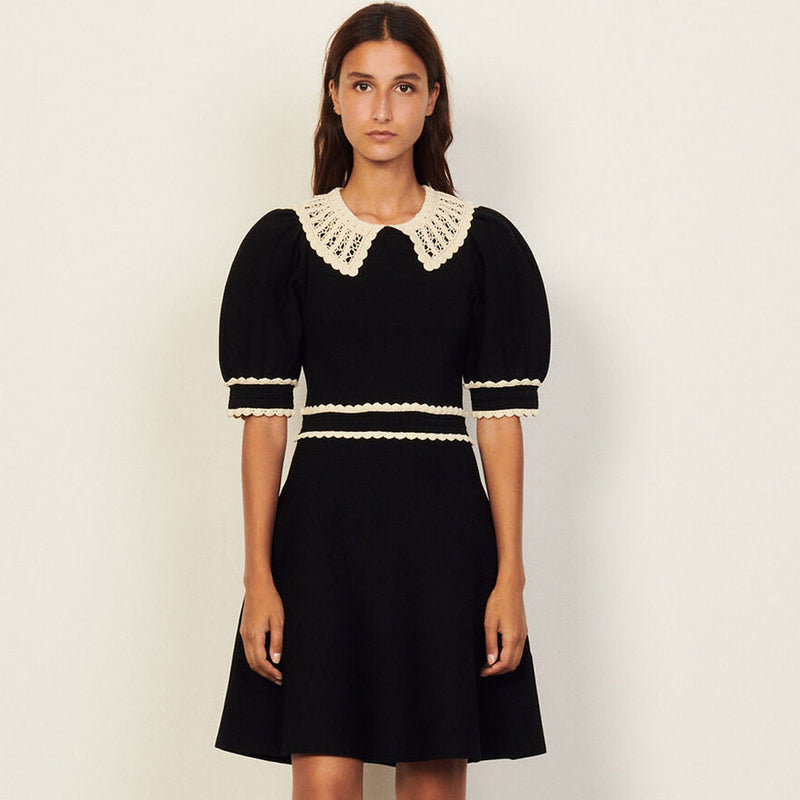 Vintage Style Lace Collar Puff Sleeve Skater Knit Mini Dress - Black