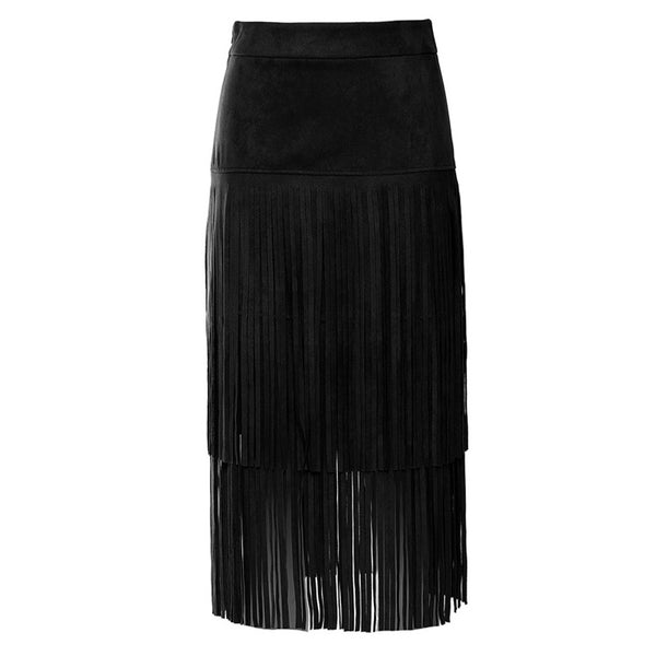 Western Style Solid Color Faux Suede Tiered Fringe Midi Skirt