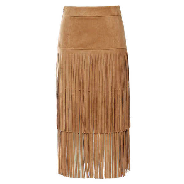 Western Style Solid Color Faux Suede Tiered Fringe Midi Skirt