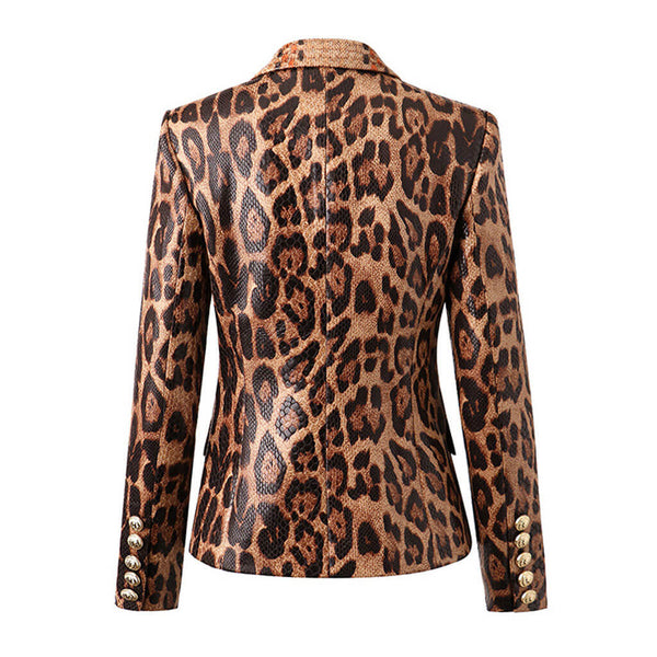 Wild Leopard Print Vegan Leather Peak Lapel Double Breasted Tailored Blazer